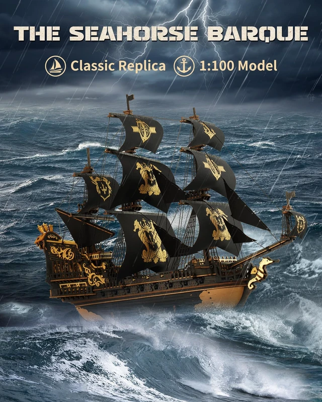 Alt view image 2 of 7 - Seahorse Barque 3D Wooden Puzzle for Adult - Sailboat Model Kit, 603-Piece DIY Assembly, 1:100 Scale Sailboat MCB02