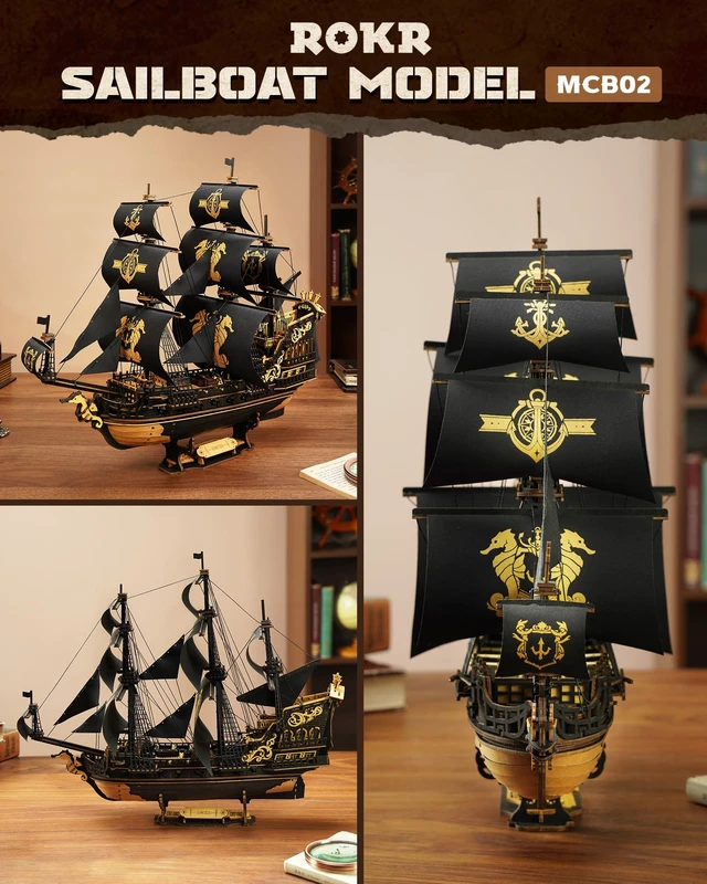 Alt view image 3 of 7 - Seahorse Barque 3D Wooden Puzzle for Adult - Sailboat Model Kit, 603-Piece DIY Assembly, 1:100 Scale Sailboat MCB02
