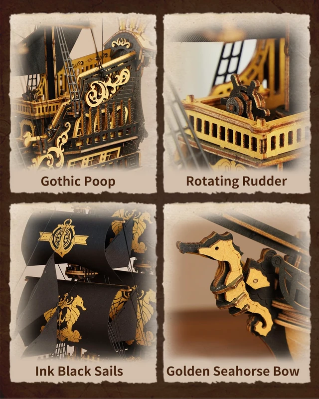 Alt view image 4 of 7 - Seahorse Barque 3D Wooden Puzzle for Adult - Sailboat Model Kit, 603-Piece DIY Assembly, 1:100 Scale Sailboat MCB02