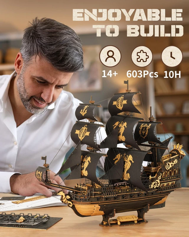 Alt view image 5 of 7 - Seahorse Barque 3D Wooden Puzzle for Adult - Sailboat Model Kit, 603-Piece DIY Assembly, 1:100 Scale Sailboat MCB02