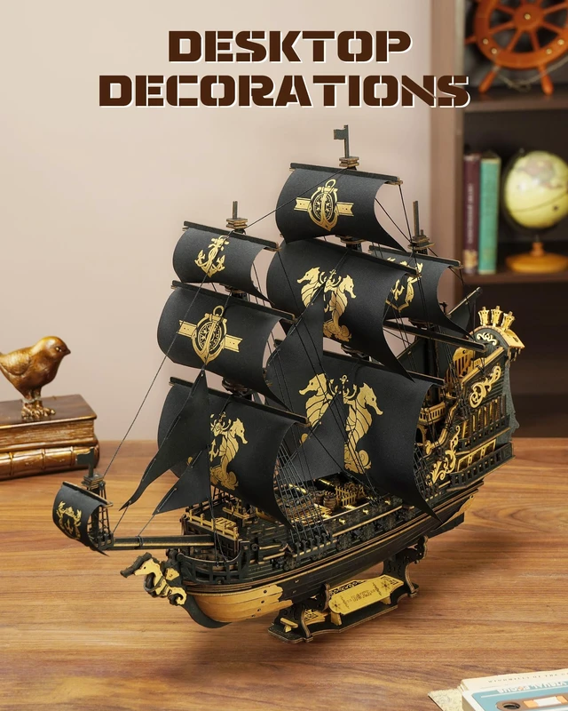 Alt view image 6 of 7 - Seahorse Barque 3D Wooden Puzzle for Adult - Sailboat Model Kit, 603-Piece DIY Assembly, 1:100 Scale Sailboat MCB02