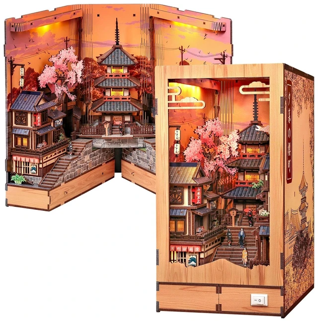 Main image of Book Nook Kit - DIY Miniature House Japanese Street Diorama | Fold-Out Dollhouse Booknook Kits for Adults, 3D Wooden Puzzle Bookshelf Decor Gift, 407 PCS (Twilight Sakura Path)