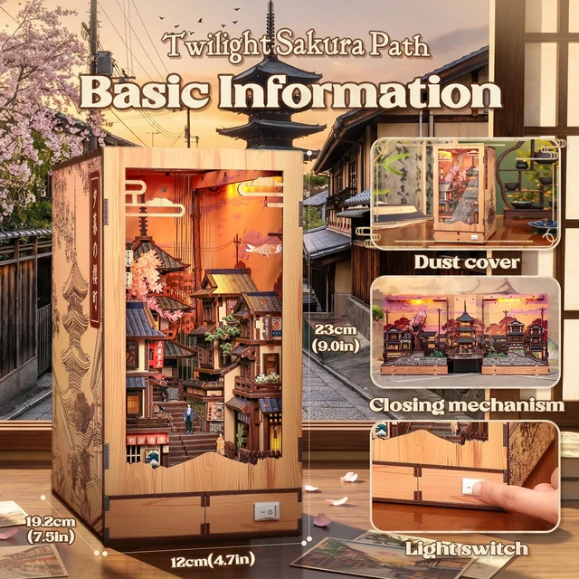 Alt view image 2 of 7 - Book Nook Kit - DIY Miniature House Japanese Street Diorama | Fold-Out Dollhouse Booknook Kits for Adults, 3D Wooden Puzzle Bookshelf Decor Gift, 407 PCS (Twilight Sakura Path)