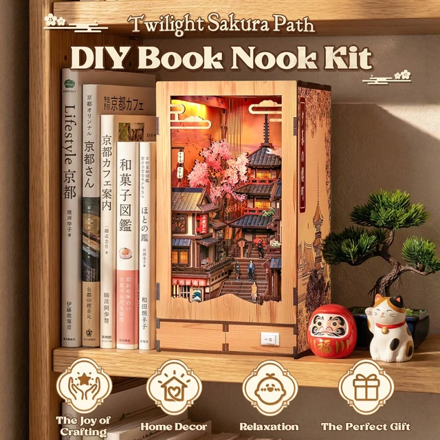 Alt view image 4 of 7 - Book Nook Kit - DIY Miniature House Japanese Street Diorama | Fold-Out Dollhouse Booknook Kits for Adults, 3D Wooden Puzzle Bookshelf Decor Gift, 407 PCS (Twilight Sakura Path)