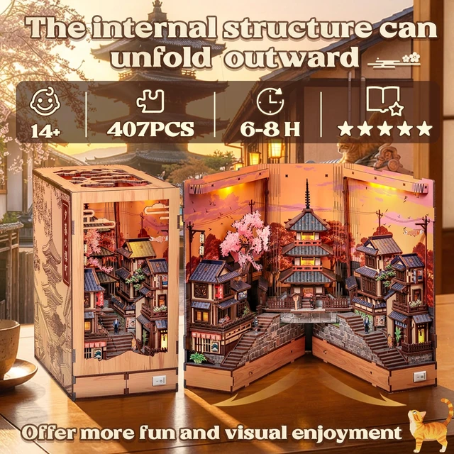 Alt view image 3 of 7 - Book Nook Kit - DIY Miniature House Japanese Street Diorama | Fold-Out Dollhouse Booknook Kits for Adults, 3D Wooden Puzzle Bookshelf Decor Gift, 407 PCS (Twilight Sakura Path)