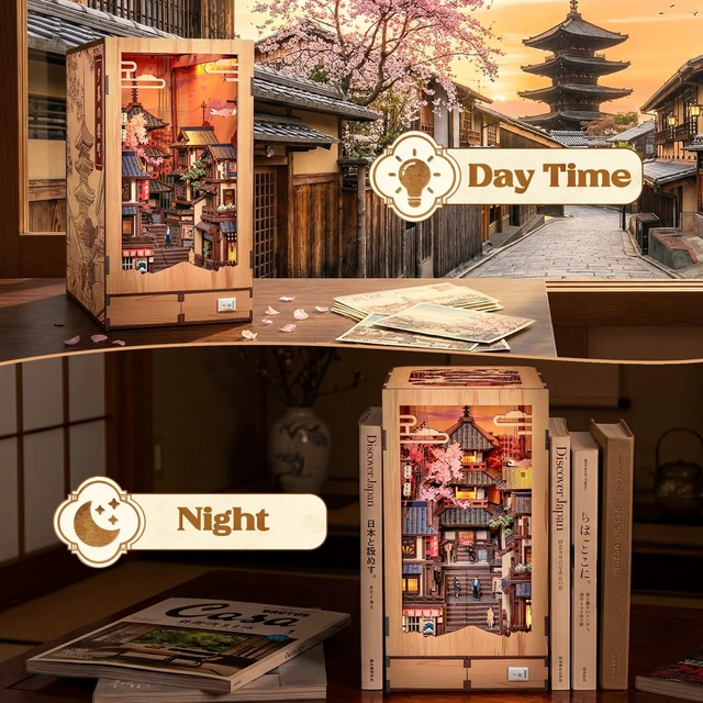 Alt view image 5 of 7 - Book Nook Kit - DIY Miniature House Japanese Street Diorama | Fold-Out Dollhouse Booknook Kits for Adults, 3D Wooden Puzzle Bookshelf Decor Gift, 407 PCS (Twilight Sakura Path)
