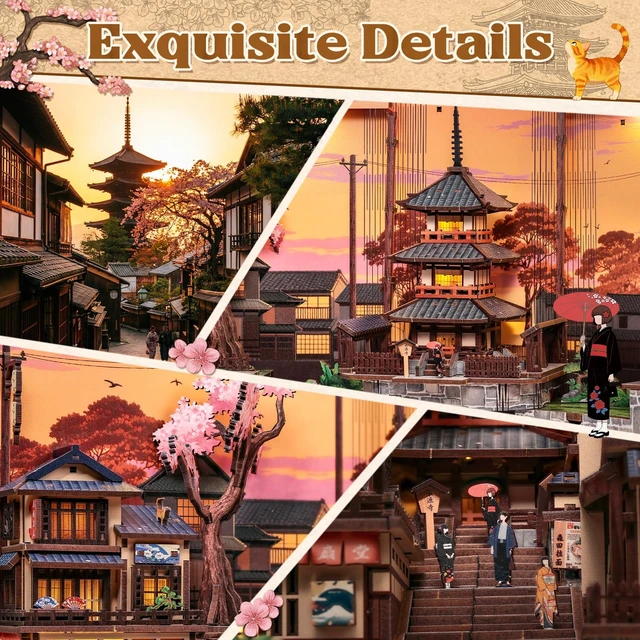 Alt view image 6 of 7 - Book Nook Kit - DIY Miniature House Japanese Street Diorama | Fold-Out Dollhouse Booknook Kits for Adults, 3D Wooden Puzzle Bookshelf Decor Gift, 407 PCS (Twilight Sakura Path)