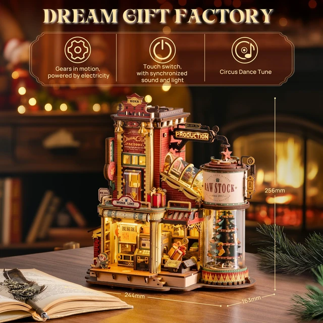 Alt view image 4 of 7 - 3D Puzzle for Adults Christmas Dream Gift Factory DIY Miniature House | Music Box & Lights, Wooden Model Kit, Mini Home Dollhouse Building, Gifts for Crafters Adults