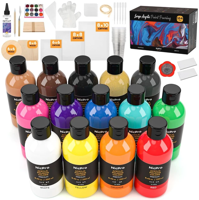 Main image of 14 Colors 8.45oz Acrylic Pour Paint Supplies Kit, Large Volume Premixed High Flow Painting Bulk Set with Canvas, Wood Natural Slices, Pouring Oil, Tools Gloves, Strainer, Cups for Beginner DIY