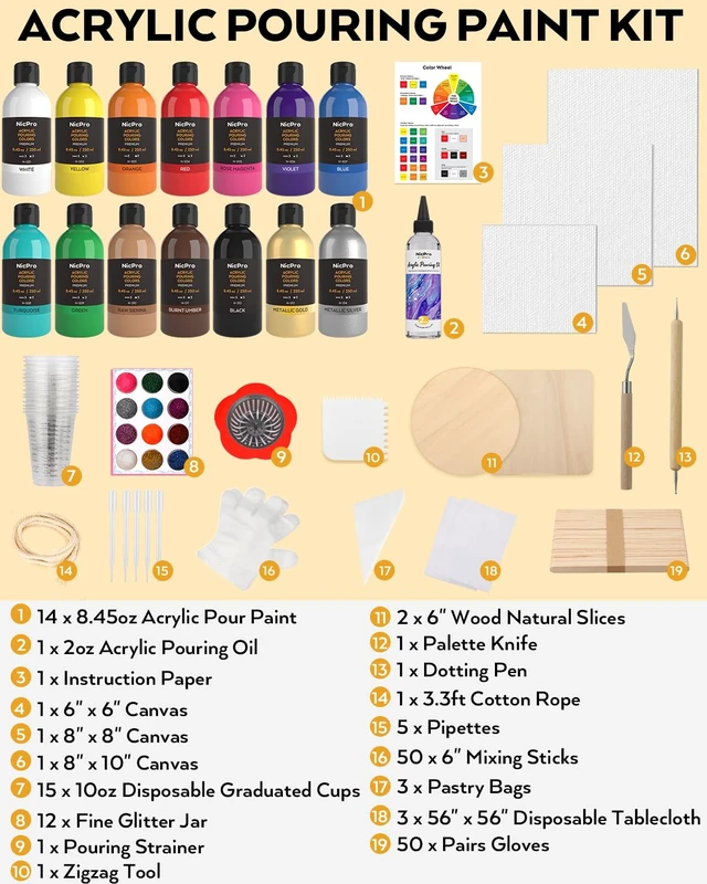 Alt view image 3 of 7 - 14 Colors 8.45oz Acrylic Pour Paint Supplies Kit, Large Volume Premixed High Flow Painting Bulk Set with Canvas, Wood Natural Slices, Pouring Oil, Tools Gloves, Strainer, Cups for Beginner DIY