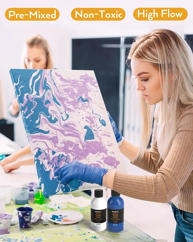 Alt view image 7 of 7 - 14 Colors 8.45oz Acrylic Pour Paint Supplies Kit, Large Volume Premixed High Flow Painting Bulk Set with Canvas, Wood Natural Slices, Pouring Oil, Tools Gloves, Strainer, Cups for Beginner DIY