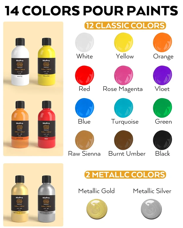Alt view image 5 of 7 - 14 Colors 8.45oz Acrylic Pour Paint Supplies Kit, Large Volume Premixed High Flow Painting Bulk Set with Canvas, Wood Natural Slices, Pouring Oil, Tools Gloves, Strainer, Cups for Beginner DIY