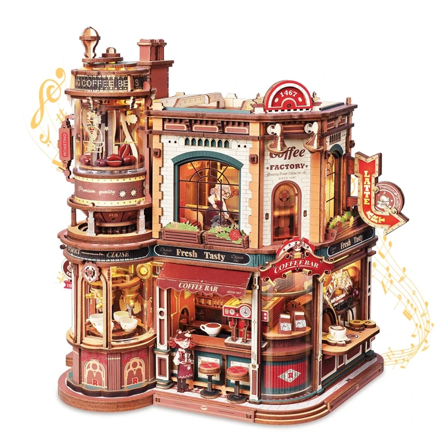 Main image of Moving Dream Coffee Factory DIY Miniature House Kit | 3D Wooden Puzzles for Adults Music Box&LED, No Glue Kinetic Model Building Kit, Unique Home Decor Gifts for Adults