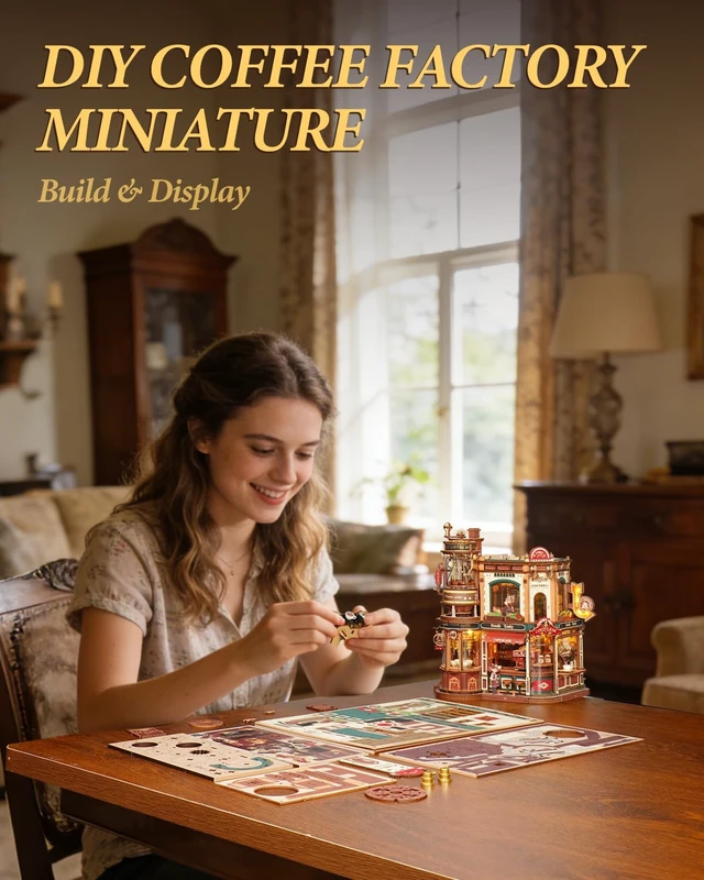 Alt view image 6 of 6 - Moving Dream Coffee Factory DIY Miniature House Kit | 3D Wooden Puzzles for Adults Music Box&LED, No Glue Kinetic Model Building Kit, Unique Home Decor Gifts for Adults