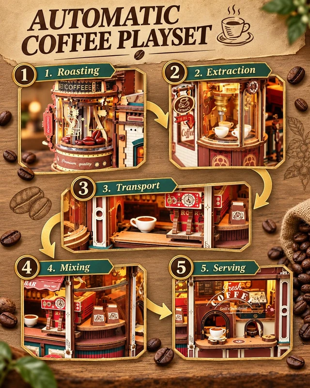 Alt view image 3 of 6 - Moving Dream Coffee Factory DIY Miniature House Kit | 3D Wooden Puzzles for Adults Music Box&LED, No Glue Kinetic Model Building Kit, Unique Home Decor Gifts for Adults