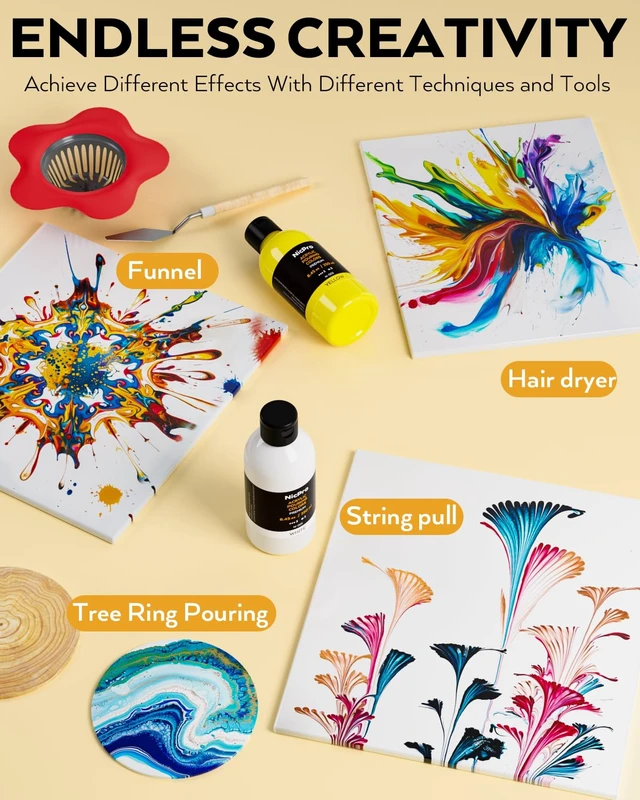 Alt view image 6 of 7 - 14 Colors 8.45oz Acrylic Pour Paint Supplies Kit, Large Volume Premixed High Flow Painting Bulk Set with Canvas, Wood Natural Slices, Pouring Oil, Tools Gloves, Strainer, Cups for Beginner DIY