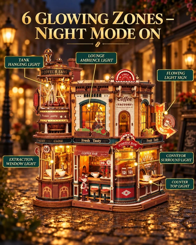 Alt view image 2 of 6 - Moving Dream Coffee Factory DIY Miniature House Kit | 3D Wooden Puzzles for Adults Music Box&LED, No Glue Kinetic Model Building Kit, Unique Home Decor Gifts for Adults