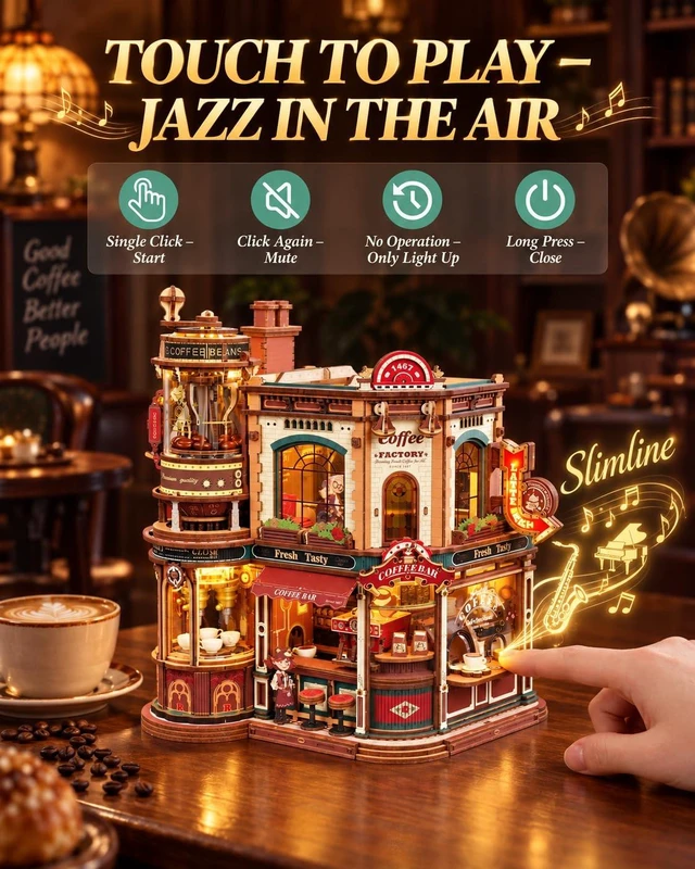 Alt view image 4 of 6 - Moving Dream Coffee Factory DIY Miniature House Kit | 3D Wooden Puzzles for Adults Music Box&LED, No Glue Kinetic Model Building Kit, Unique Home Decor Gifts for Adults