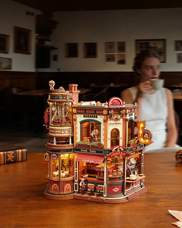 Alt view image 5 of 6 - Moving Dream Coffee Factory DIY Miniature House Kit | 3D Wooden Puzzles for Adults Music Box&LED, No Glue Kinetic Model Building Kit, Unique Home Decor Gifts for Adults