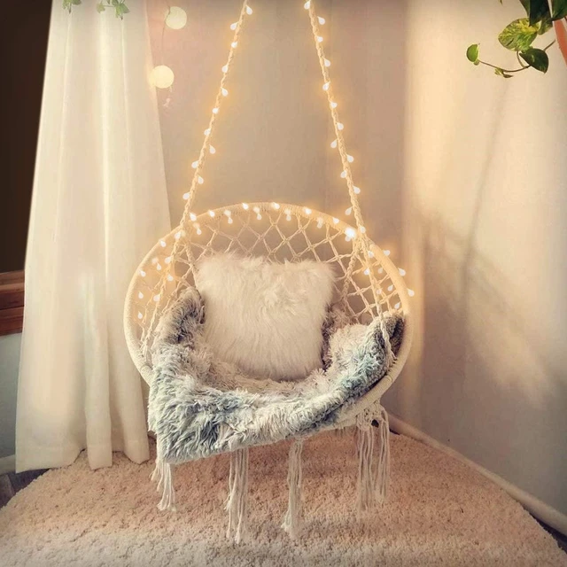 Main image of Hanging Chair for Bedroom Hammock Chair Swing with Lights and Hardware Kits Holds up to 550Lbs Macrame Swing Chair Hanging Cotton Rope for Patio, Deck, Garden - Cushion Not Included