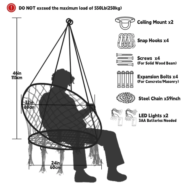 Alt view image 2 of 7 - Hanging Chair for Bedroom Hammock Chair Swing with Lights and Hardware Kits Holds up to 550Lbs Macrame Swing Chair Hanging Cotton Rope for Patio, Deck, Garden - Cushion Not Included