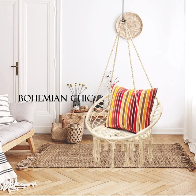 Alt view image 7 of 7 - Hanging Chair for Bedroom Hammock Chair Swing with Lights and Hardware Kits Holds up to 550Lbs Macrame Swing Chair Hanging Cotton Rope for Patio, Deck, Garden - Cushion Not Included