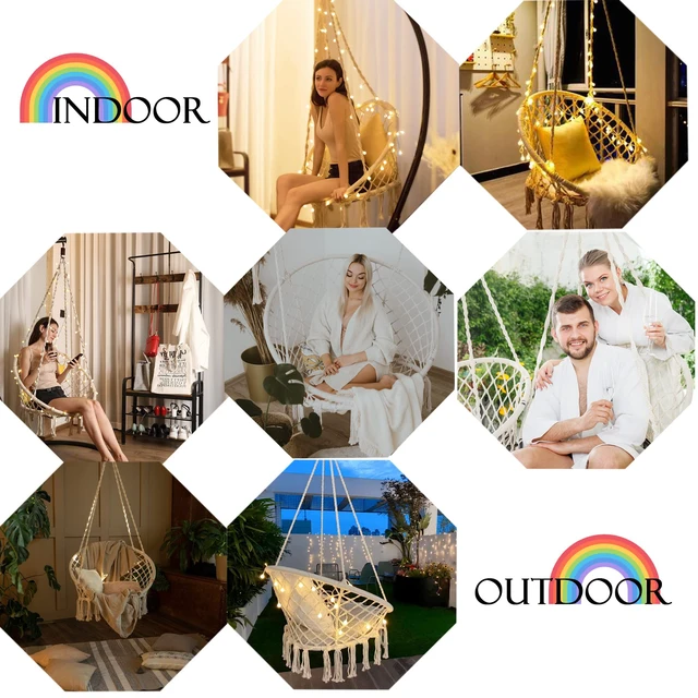 Alt view image 6 of 7 - Hanging Chair for Bedroom Hammock Chair Swing with Lights and Hardware Kits Holds up to 550Lbs Macrame Swing Chair Hanging Cotton Rope for Patio, Deck, Garden - Cushion Not Included