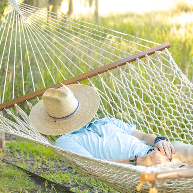 Alt view image 2 of 7 - Living 13 ft. Double Traditional Hand Woven Cotton Rope Hammock 2-Person, 450 lb Capacity, Free Extension Chains & Tree Hooks, Designed in the USA