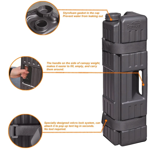 Alt view image 3 of 6 - USA Up to 120 lbs 4-Pack Universal Commercial Canopy Weights, Leg Weight Bottles for Pop Up Canopy Tents & Gazebos, Easy Wrap-Around Hook & Loop Installation, Fillable with Water, Sand & Gravel