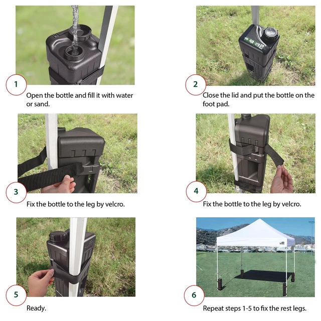 Alt view image 5 of 6 - USA Up to 120 lbs 4-Pack Universal Commercial Canopy Weights, Leg Weight Bottles for Pop Up Canopy Tents & Gazebos, Easy Wrap-Around Hook & Loop Installation, Fillable with Water, Sand & Gravel