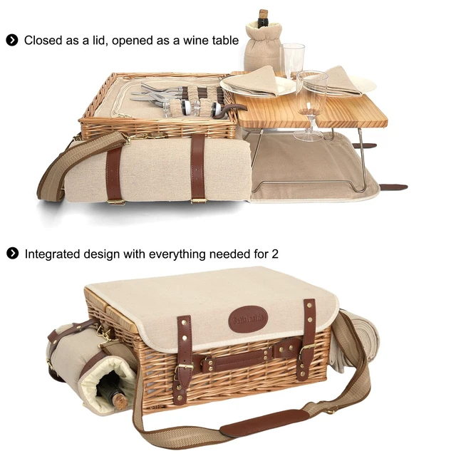 Alt view image 2 of 7 - Multifunctional Wicker Picnic Basket Set for 2 with Blanket and Picnic Table, Insulated Picnic Set with Full Tablewares for Camping Outdoor Couples,Natural