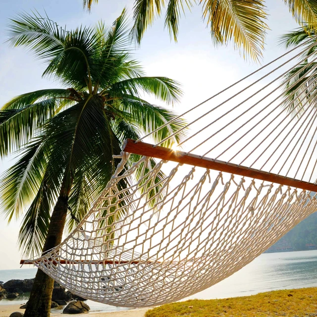 Alt view image 4 of 7 - Living 13 ft. Double Traditional Hand Woven Cotton Rope Hammock 2-Person, 450 lb Capacity, Free Extension Chains & Tree Hooks, Designed in the USA