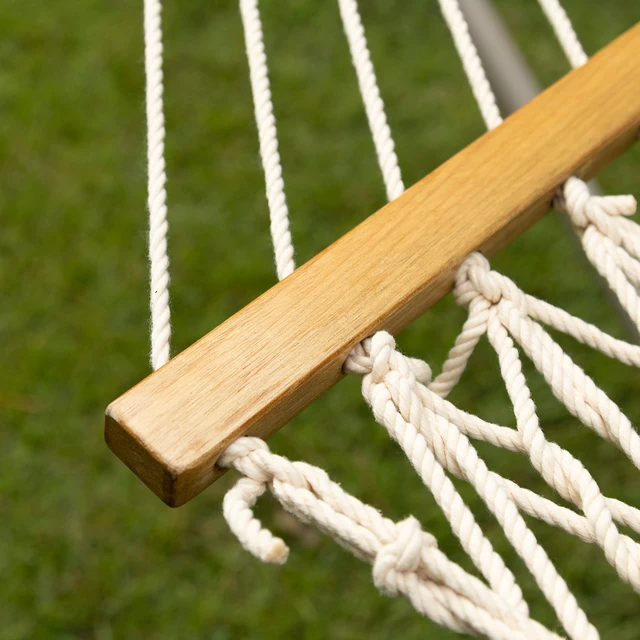 Alt view image 6 of 7 - Living 13 ft. Double Traditional Hand Woven Cotton Rope Hammock 2-Person, 450 lb Capacity, Free Extension Chains & Tree Hooks, Designed in the USA