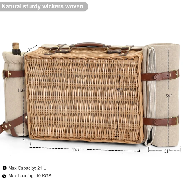 Alt view image 3 of 7 - Multifunctional Wicker Picnic Basket Set for 2 with Blanket and Picnic Table, Insulated Picnic Set with Full Tablewares for Camping Outdoor Couples,Natural