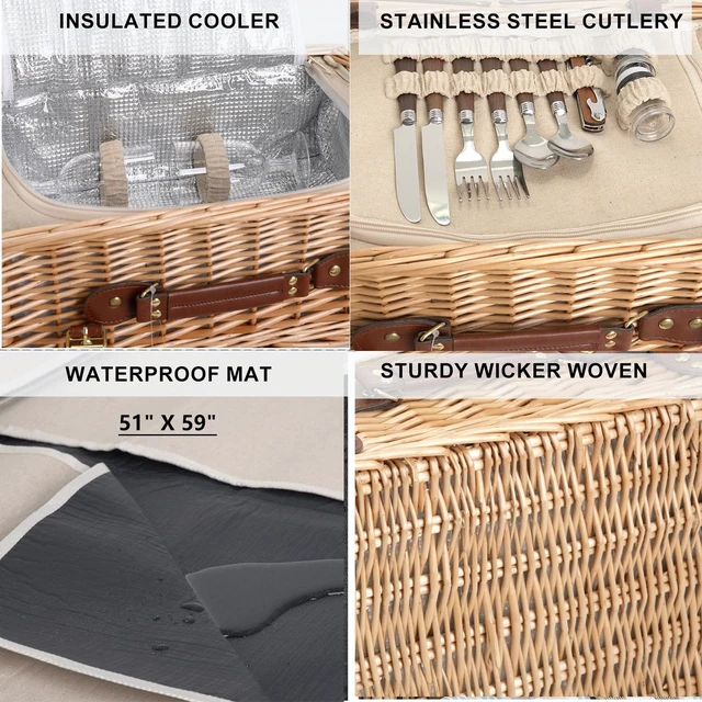 Alt view image 4 of 7 - Multifunctional Wicker Picnic Basket Set for 2 with Blanket and Picnic Table, Insulated Picnic Set with Full Tablewares for Camping Outdoor Couples,Natural