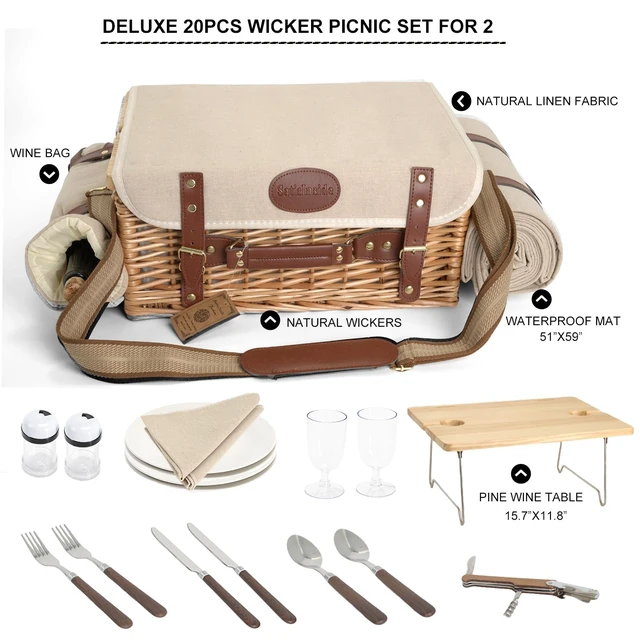 Alt view image 5 of 7 - Multifunctional Wicker Picnic Basket Set for 2 with Blanket and Picnic Table, Insulated Picnic Set with Full Tablewares for Camping Outdoor Couples,Natural