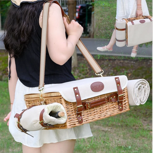Alt view image 6 of 7 - Multifunctional Wicker Picnic Basket Set for 2 with Blanket and Picnic Table, Insulated Picnic Set with Full Tablewares for Camping Outdoor Couples,Natural