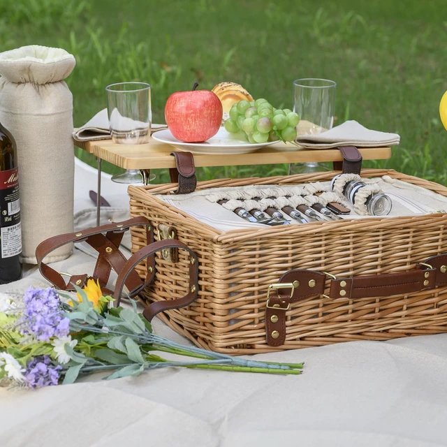 Alt view image 7 of 7 - Multifunctional Wicker Picnic Basket Set for 2 with Blanket and Picnic Table, Insulated Picnic Set with Full Tablewares for Camping Outdoor Couples,Natural