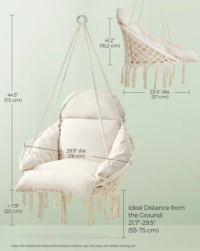 Alt view image 3 of 5 - Hanging Chair, Boho Swing Chair with Large, Thick Cushion | Hammock Chair, Holds up to 264 lb, Accessories Included, Cream White, SOGNIA Collection, UGDC042M01V3