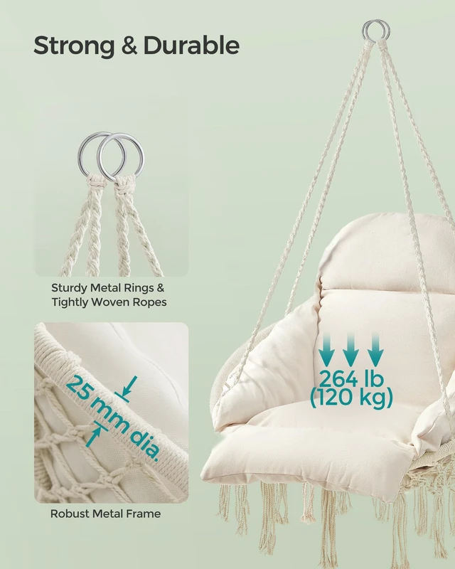 Alt view image 2 of 5 - Hanging Chair, Boho Swing Chair with Large, Thick Cushion | Hammock Chair, Holds up to 264 lb, Accessories Included, Cream White, SOGNIA Collection, UGDC042M01V3