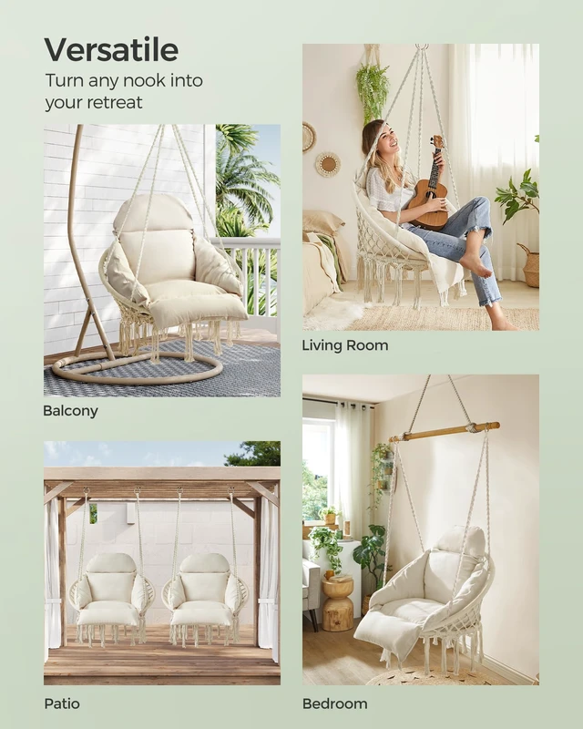 Alt view image 5 of 5 - Hanging Chair, Boho Swing Chair with Large, Thick Cushion | Hammock Chair, Holds up to 264 lb, Accessories Included, Cream White, SOGNIA Collection, UGDC042M01V3