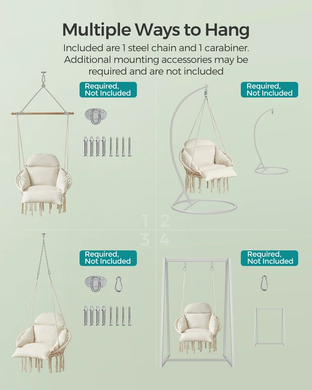 Alt view image 4 of 5 - Hanging Chair, Boho Swing Chair with Large, Thick Cushion | Hammock Chair, Holds up to 264 lb, Accessories Included, Cream White, SOGNIA Collection, UGDC042M01V3