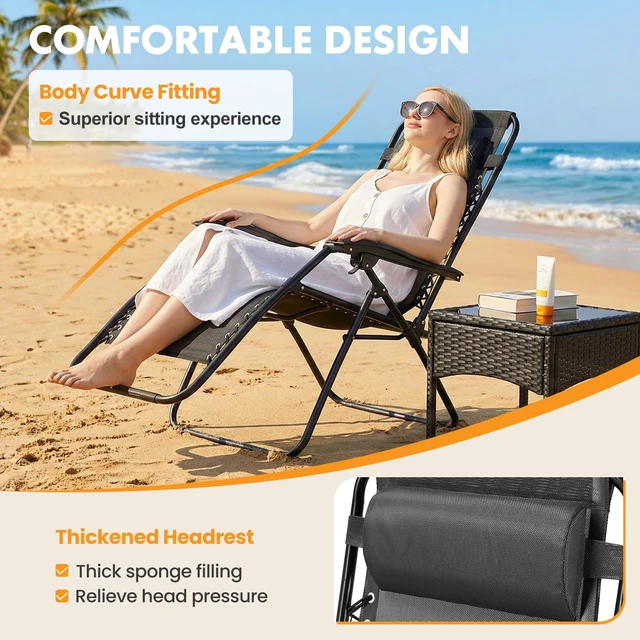 Alt view image 2 of 7 - Zero Gravity Chairs Set of 2, Folding Lounge Recliner Chair | Portable Lawn Camping Recliner with Adjustable Pillow, Mesh Back, Cup Holder Trays for Pool Beach Patio, Black