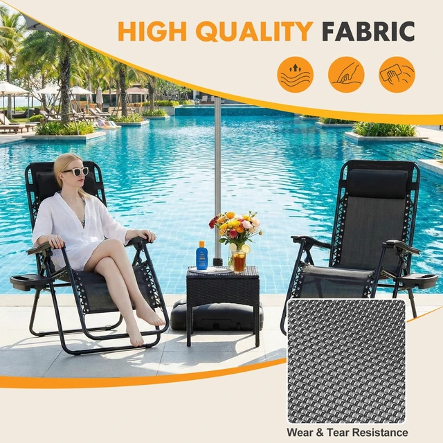 Alt view image 3 of 7 - Zero Gravity Chairs Set of 2, Folding Lounge Recliner Chair | Portable Lawn Camping Recliner with Adjustable Pillow, Mesh Back, Cup Holder Trays for Pool Beach Patio, Black