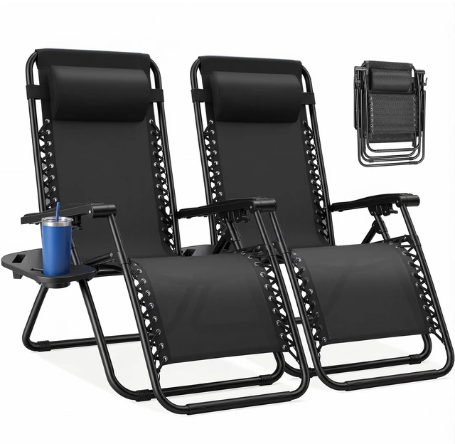 Main image of Zero Gravity Chairs Set of 2, Folding Lounge Recliner Chair | Portable Lawn Camping Recliner with Adjustable Pillow, Mesh Back, Cup Holder Trays for Pool Beach Patio, Black