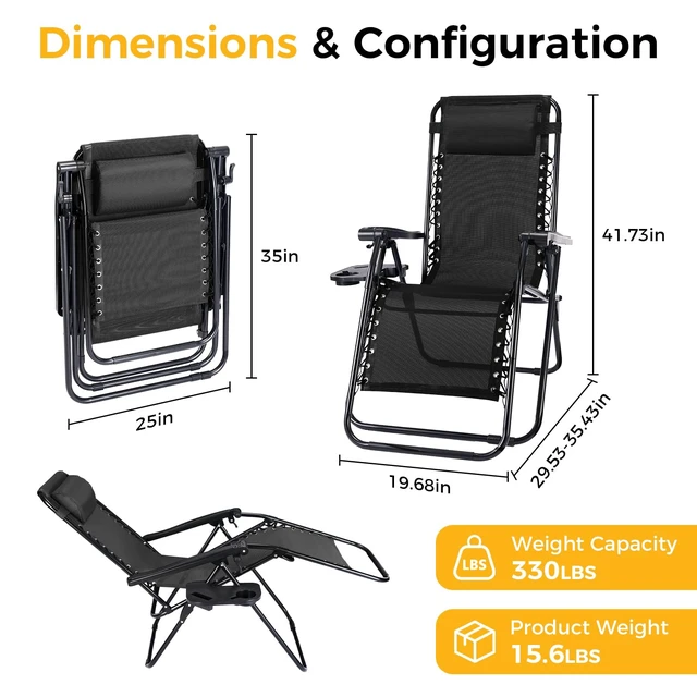 Alt view image 6 of 7 - Zero Gravity Chairs Set of 2, Folding Lounge Recliner Chair | Portable Lawn Camping Recliner with Adjustable Pillow, Mesh Back, Cup Holder Trays for Pool Beach Patio, Black