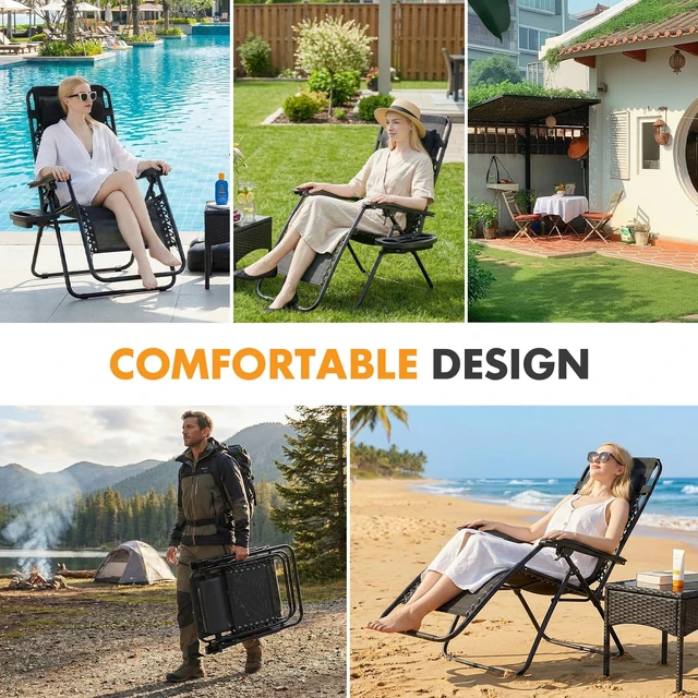 Alt view image 7 of 7 - Zero Gravity Chairs Set of 2, Folding Lounge Recliner Chair | Portable Lawn Camping Recliner with Adjustable Pillow, Mesh Back, Cup Holder Trays for Pool Beach Patio, Black