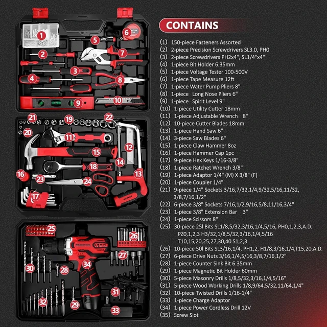 Alt view image 3 of 7 - 276-Piece Tool Set Kit with 12V Cordless Power Drill (Red Black) | Professional tool kit with storage case for homeowners, DIY and handymen; ideal for home repairs, assembly and maintenance.