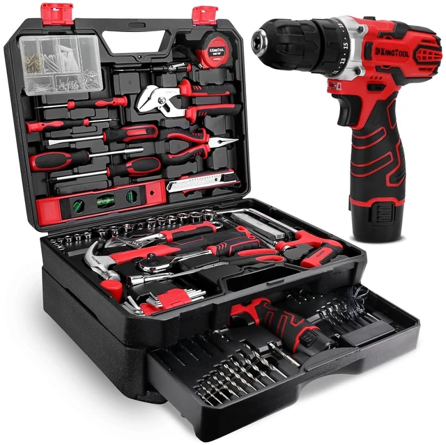 Main image of 276-Piece Tool Set Kit with 12V Cordless Power Drill (Red Black) | Professional tool kit with storage case for homeowners, DIY and handymen; ideal for home repairs, assembly and maintenance.