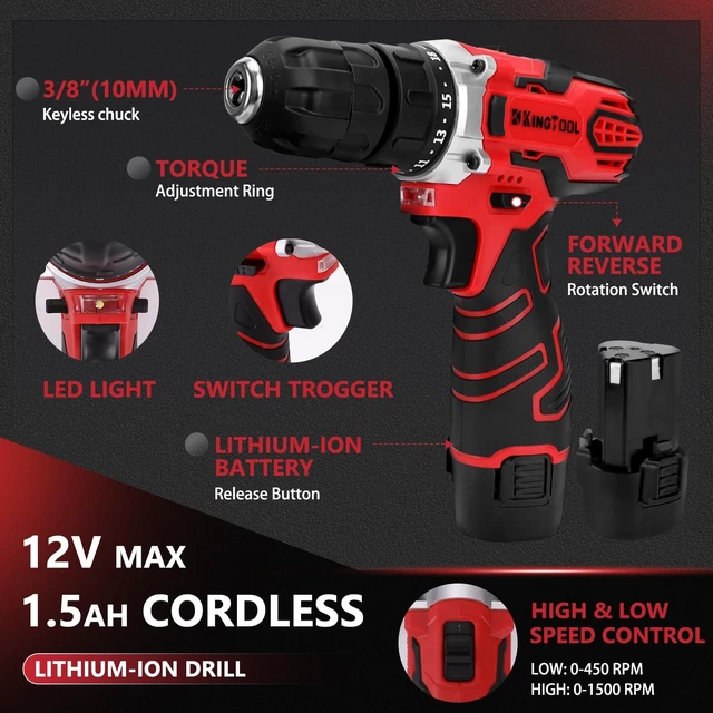 Alt view image 4 of 7 - 276-Piece Tool Set Kit with 12V Cordless Power Drill (Red Black) | Professional tool kit with storage case for homeowners, DIY and handymen; ideal for home repairs, assembly and maintenance.